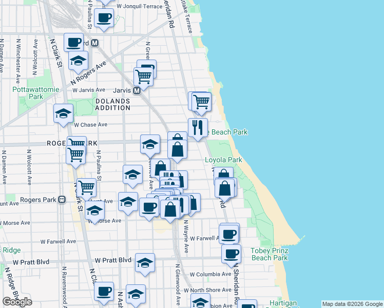 map of restaurants, bars, coffee shops, grocery stores, and more near 1332 West Estes Avenue in Chicago