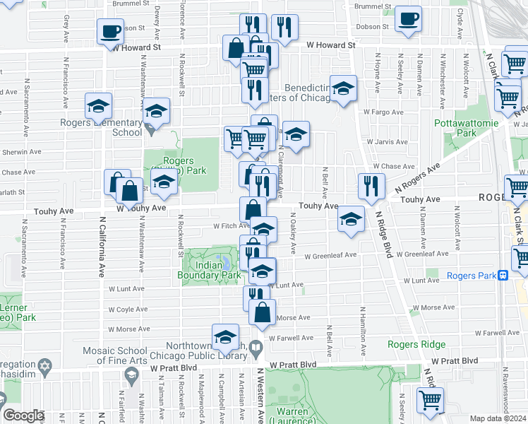 map of restaurants, bars, coffee shops, grocery stores, and more near 7133 North Western Avenue in Chicago