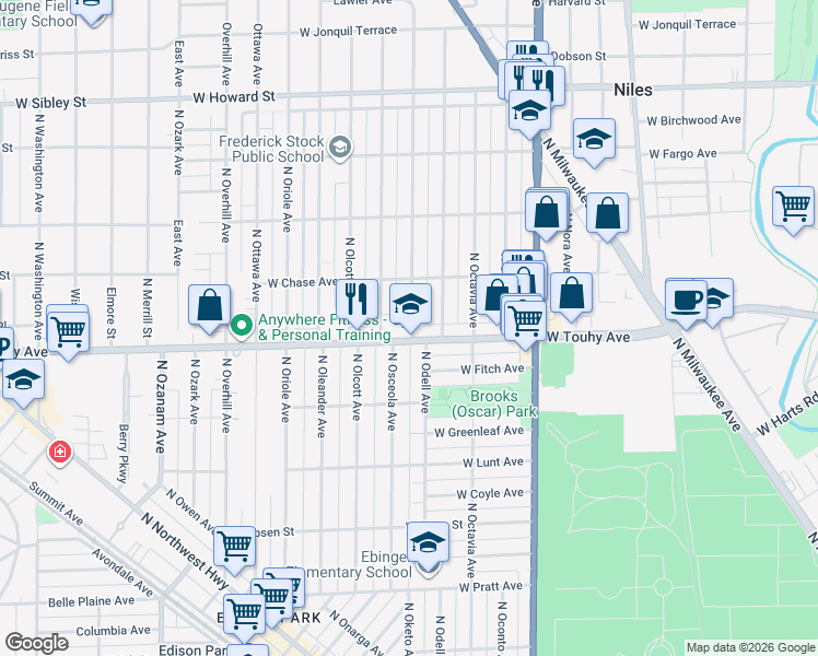 map of restaurants, bars, coffee shops, grocery stores, and more near 7210 North Oketo Avenue in Chicago