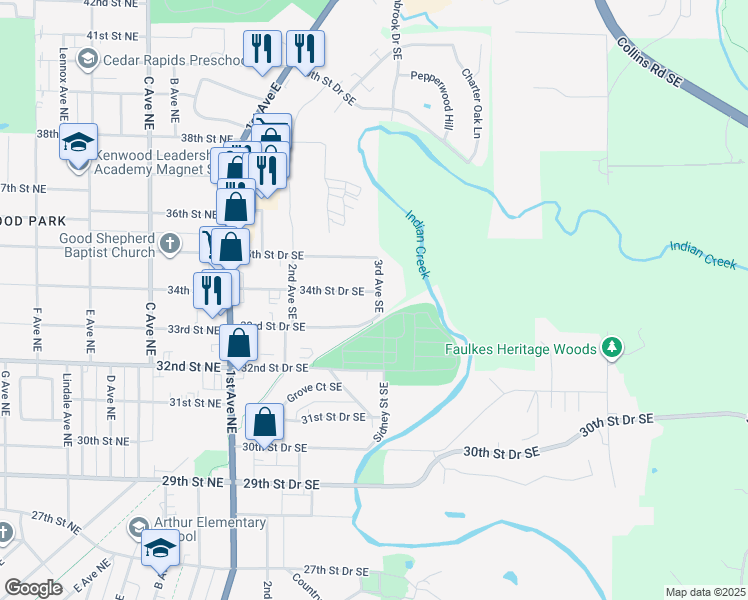 map of restaurants, bars, coffee shops, grocery stores, and more near 293 34th Street Drive Southeast in Cedar Rapids