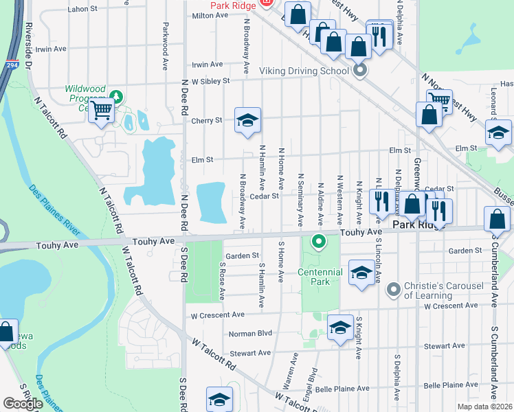 map of restaurants, bars, coffee shops, grocery stores, and more near 112 North Hamlin Avenue in Park Ridge