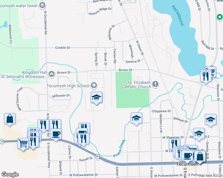 map of restaurants, bars, coffee shops, grocery stores, and more near 500 Seminole Drive in Tecumseh