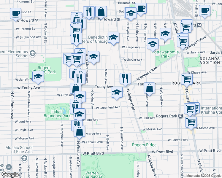 map of restaurants, bars, coffee shops, grocery stores, and more near 2163 West Touhy Avenue in Chicago