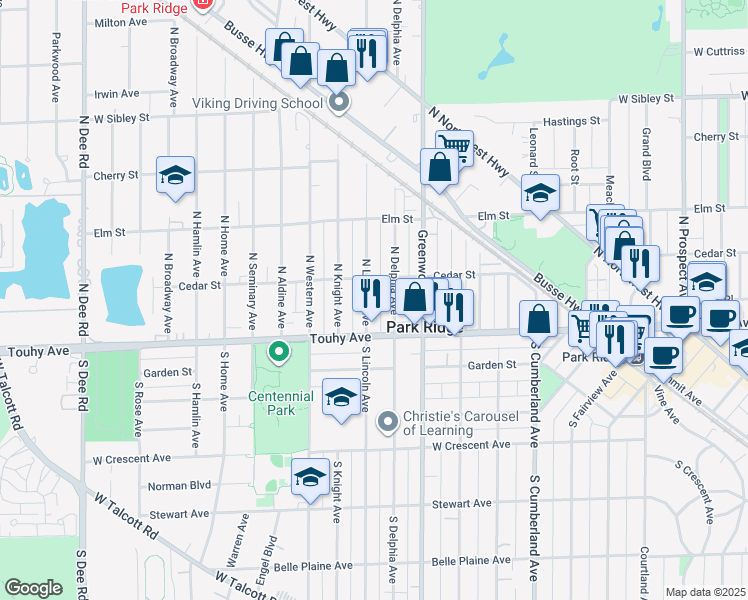 map of restaurants, bars, coffee shops, grocery stores, and more near 105 North Lincoln Avenue in Park Ridge