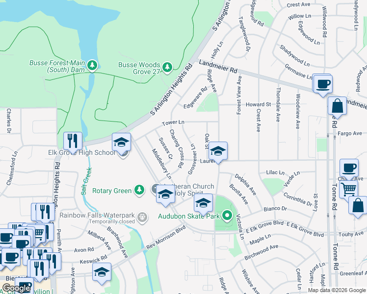map of restaurants, bars, coffee shops, grocery stores, and more near 564 Charing Cross Road in Elk Grove Village