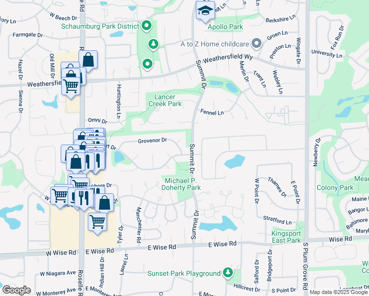 map of restaurants, bars, coffee shops, grocery stores, and more near 308 Grovenor Drive in Schaumburg