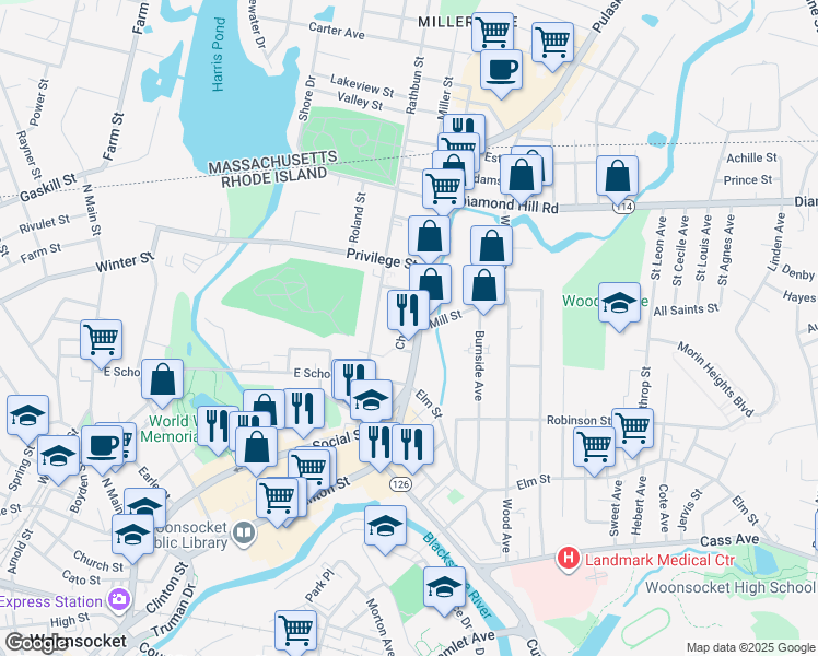 map of restaurants, bars, coffee shops, grocery stores, and more near 76 Chester Street in Woonsocket