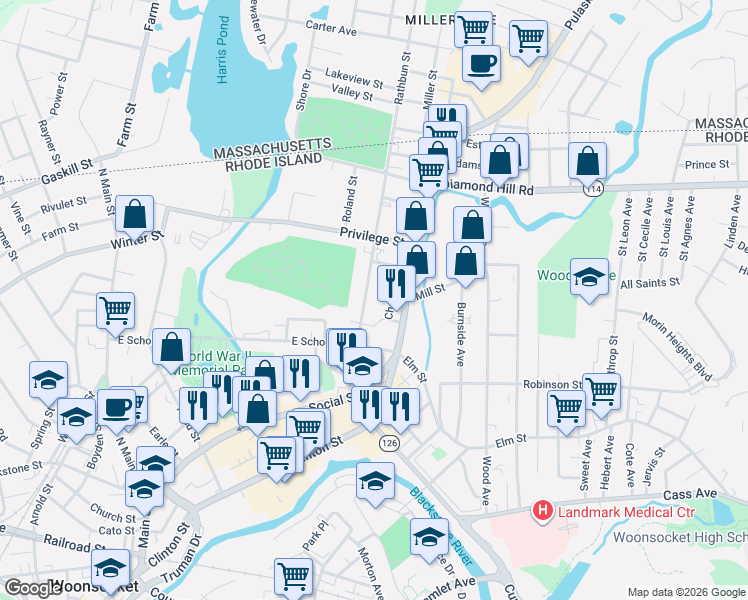 map of restaurants, bars, coffee shops, grocery stores, and more near 232 Rathbun Street in Woonsocket