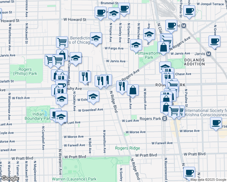 map of restaurants, bars, coffee shops, grocery stores, and more near 7115 North Ridge Boulevard in Chicago