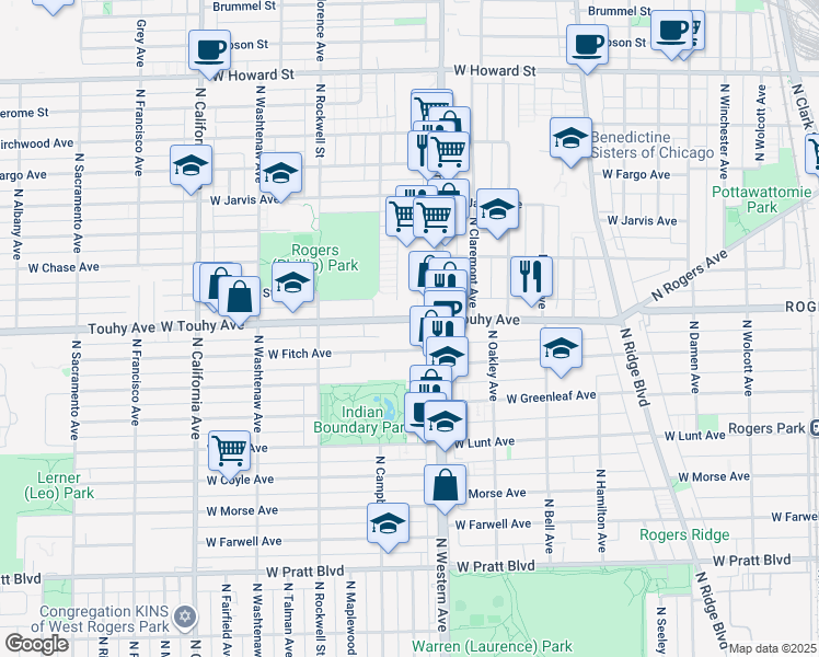map of restaurants, bars, coffee shops, grocery stores, and more near 2427 West Touhy Avenue in Chicago