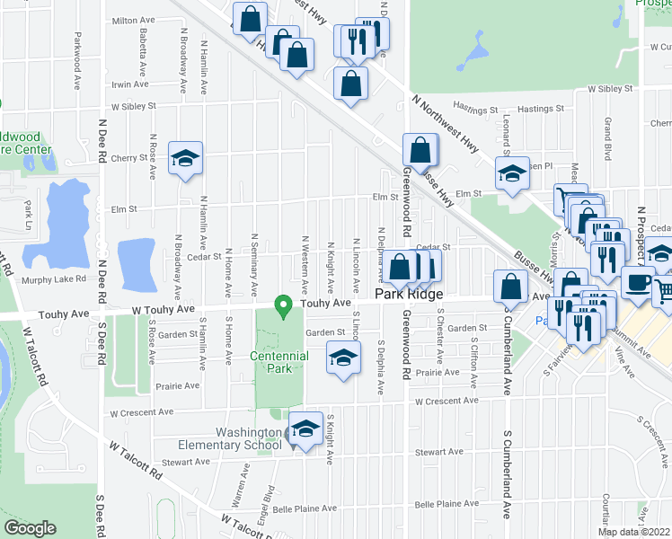 map of restaurants, bars, coffee shops, grocery stores, and more near 106 North Knight Avenue in Park Ridge