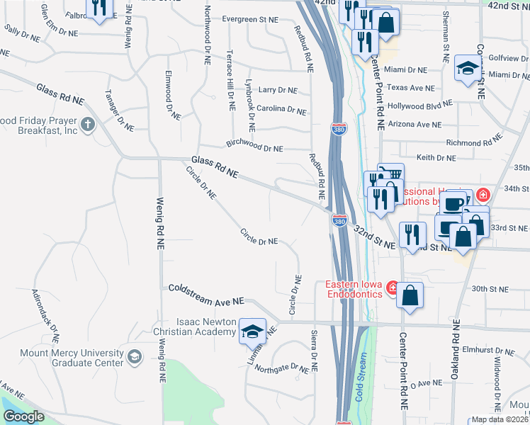 map of restaurants, bars, coffee shops, grocery stores, and more near 3216-3224 Timber Valley Ct NE in Cedar Rapids
