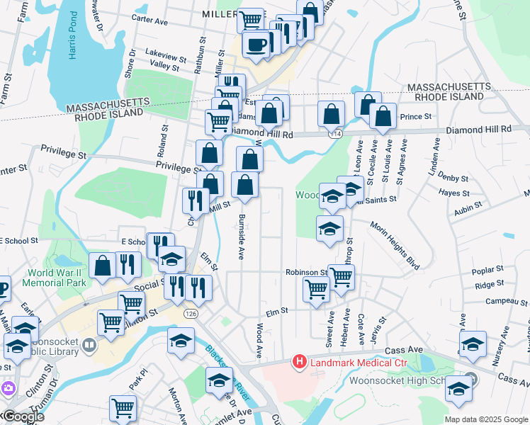 map of restaurants, bars, coffee shops, grocery stores, and more near 477 Wood Avenue in Woonsocket