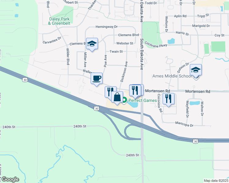 map of restaurants, bars, coffee shops, grocery stores, and more near 1305 Dickinson Ave in Ames