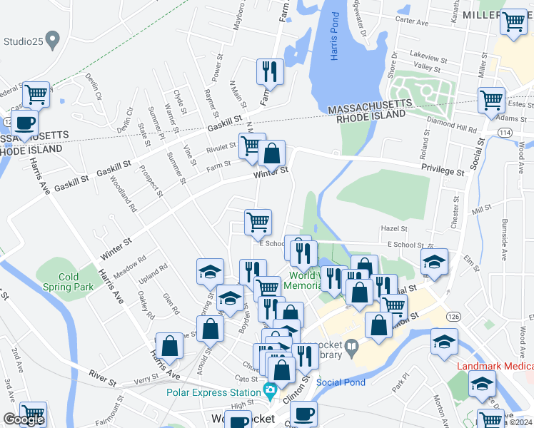 map of restaurants, bars, coffee shops, grocery stores, and more near 35 Jacob Lane in Woonsocket