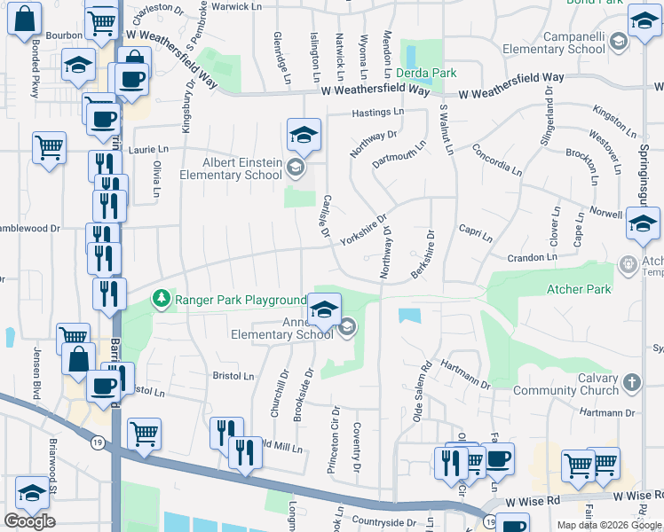 map of restaurants, bars, coffee shops, grocery stores, and more near 7874 Carlisle Court in Hanover Park