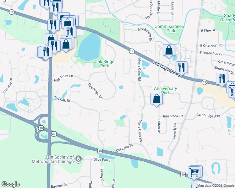 map of restaurants, bars, coffee shops, grocery stores, and more near 1113 Oak Ridge Drive in Streamwood