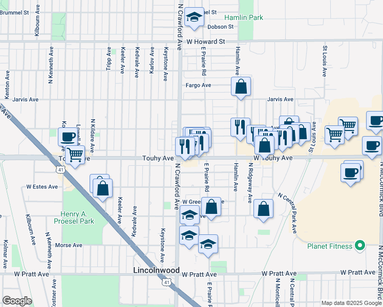 map of restaurants, bars, coffee shops, grocery stores, and more near 3932 West Touhy Avenue in Lincolnwood
