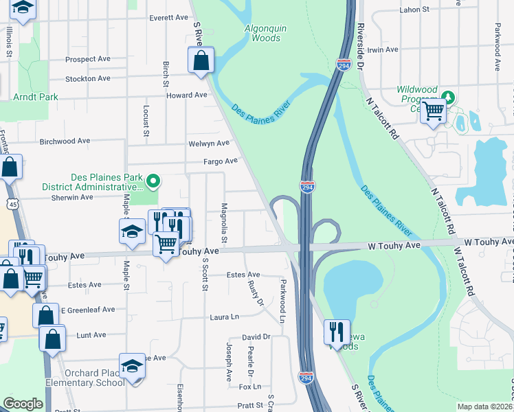 map of restaurants, bars, coffee shops, grocery stores, and more near 2140 Chase Avenue in Des Plaines