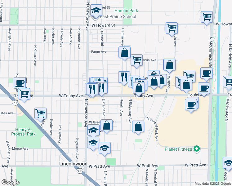 map of restaurants, bars, coffee shops, grocery stores, and more near 3818 West Touhy Avenue in Lincolnwood