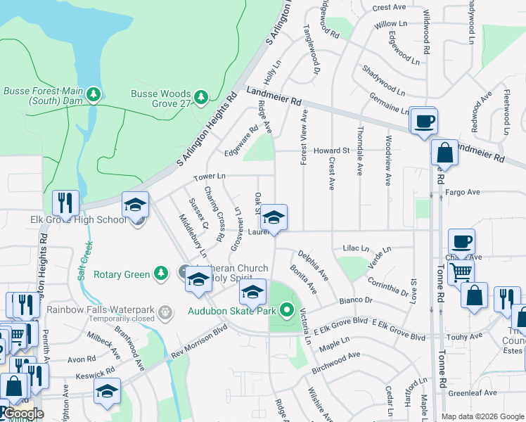 map of restaurants, bars, coffee shops, grocery stores, and more near 557 Oak Street in Elk Grove Village