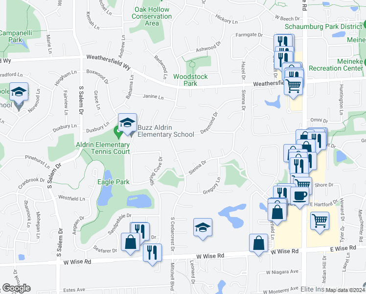 map of restaurants, bars, coffee shops, grocery stores, and more near 416 Milford Court in Schaumburg