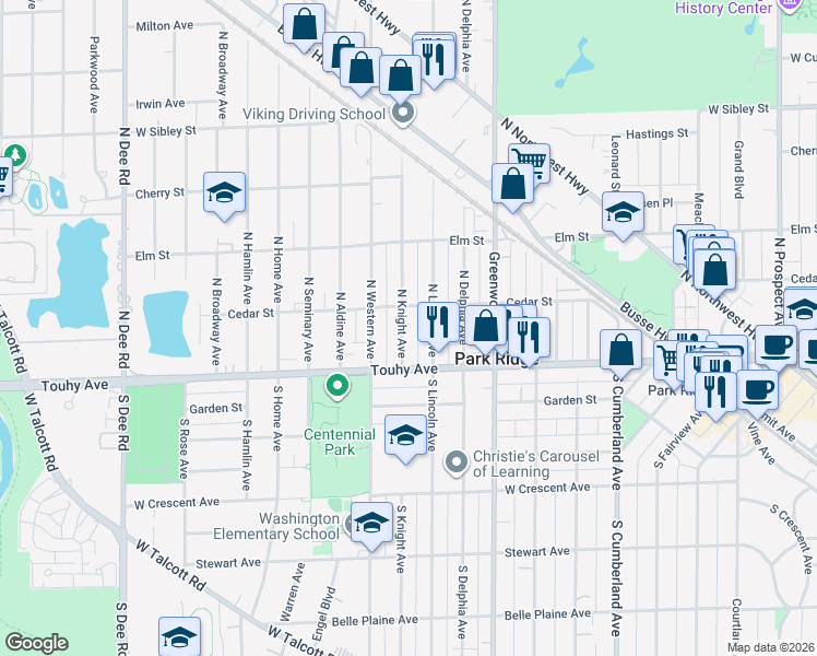 map of restaurants, bars, coffee shops, grocery stores, and more near 106 North Knight Avenue in Park Ridge