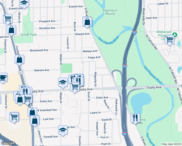 map of restaurants, bars, coffee shops, grocery stores, and more near 2289 S Scott St in Des Plaines