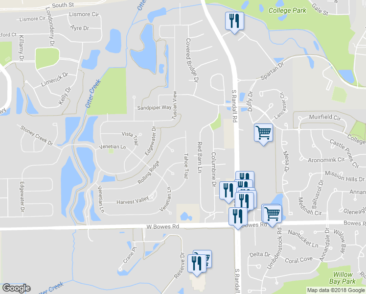 map of restaurants, bars, coffee shops, grocery stores, and more near 710 Tahoe Trail in Elgin