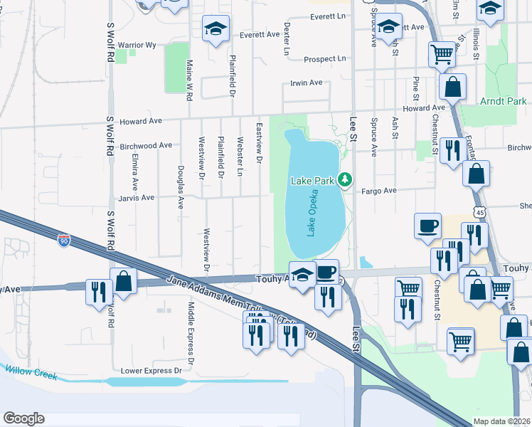 map of restaurants, bars, coffee shops, grocery stores, and more near 2239 Eastview Drive in Des Plaines