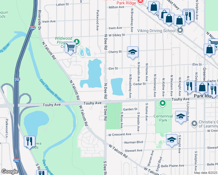 map of restaurants, bars, coffee shops, grocery stores, and more near 141 North Dee Road in Park Ridge