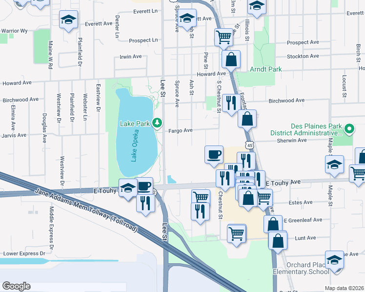 map of restaurants, bars, coffee shops, grocery stores, and more near 2251 Spruce Avenue in Des Plaines