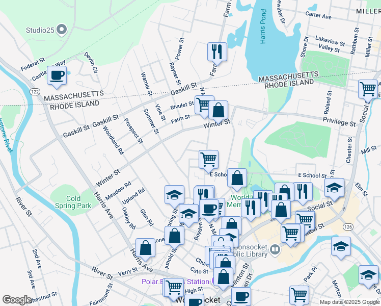 map of restaurants, bars, coffee shops, grocery stores, and more near 70 Phebe St in Woonsocket