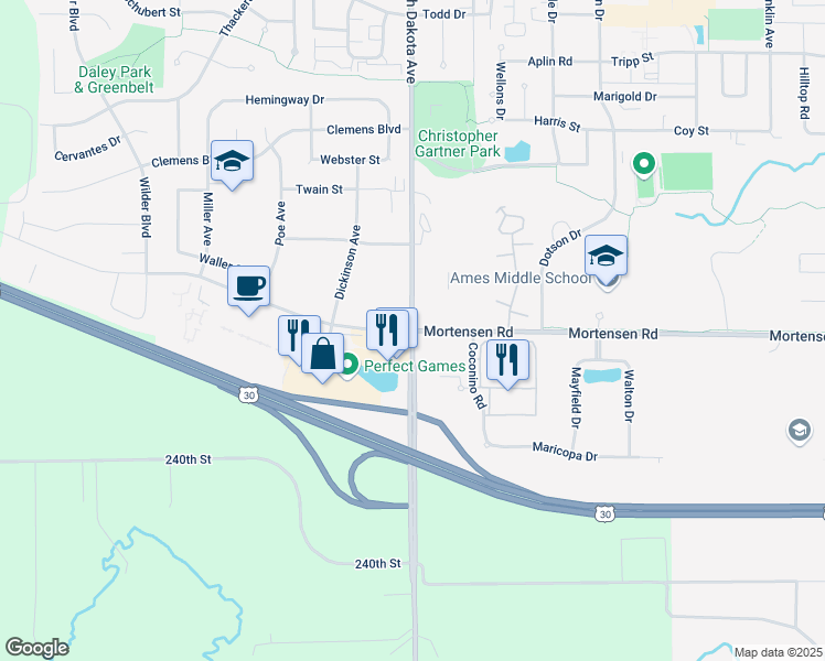 map of restaurants, bars, coffee shops, grocery stores, and more near South Dakota Avenue & Mortensen Road in Ames
