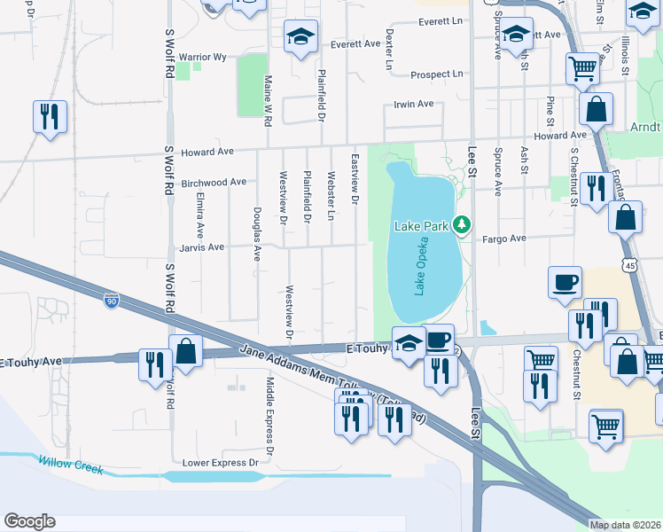 map of restaurants, bars, coffee shops, grocery stores, and more near 2235 Webster Lane in Des Plaines
