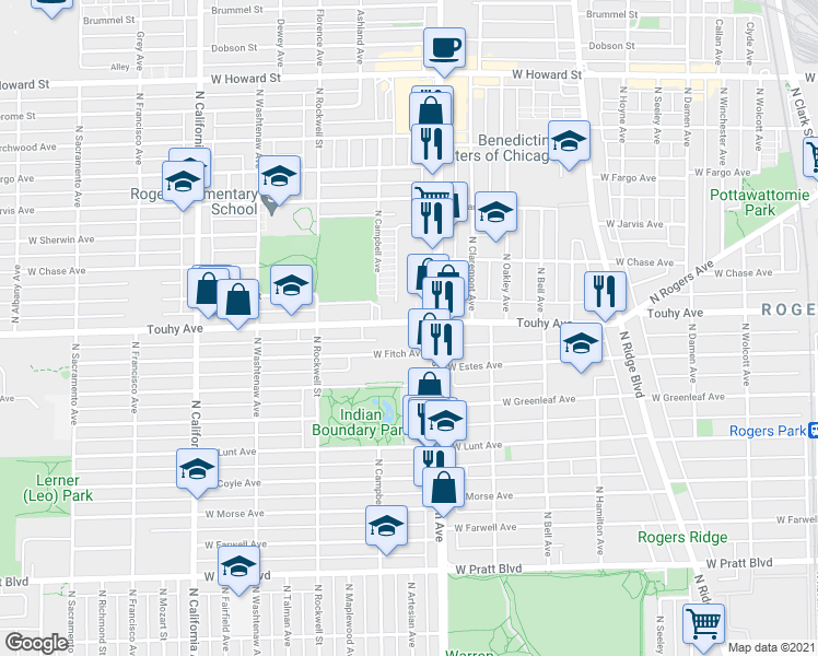 map of restaurants, bars, coffee shops, grocery stores, and more near 2427 West Touhy Avenue in Chicago