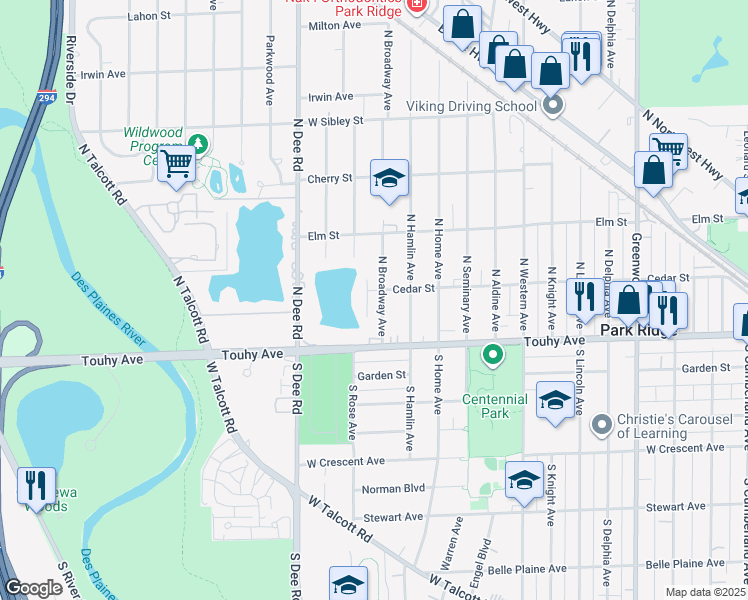 map of restaurants, bars, coffee shops, grocery stores, and more near 116 North Broadway Avenue in Park Ridge