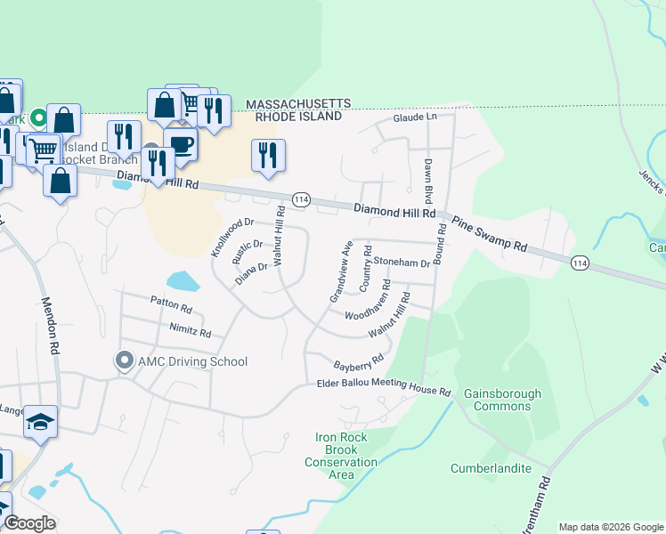 map of restaurants, bars, coffee shops, grocery stores, and more near 670 Knollwood Drive in Woonsocket