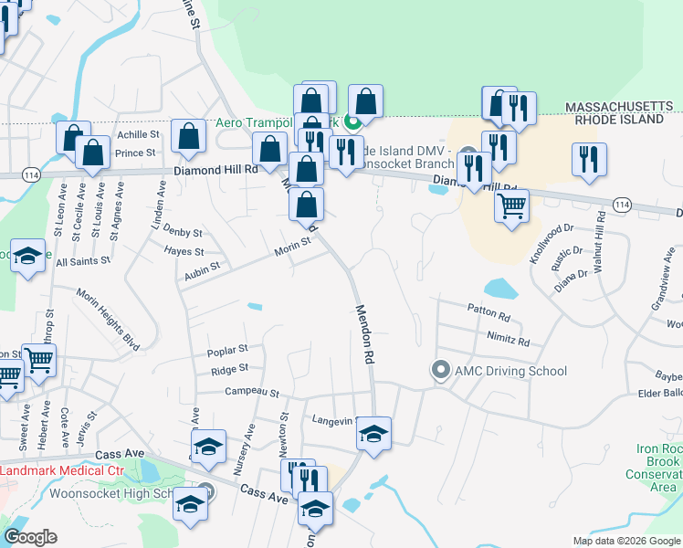 map of restaurants, bars, coffee shops, grocery stores, and more near 471 Mendon Road in Woonsocket