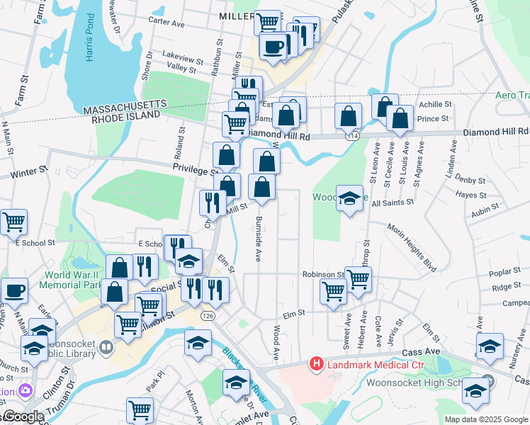 map of restaurants, bars, coffee shops, grocery stores, and more near 325 Burnside Avenue in Woonsocket