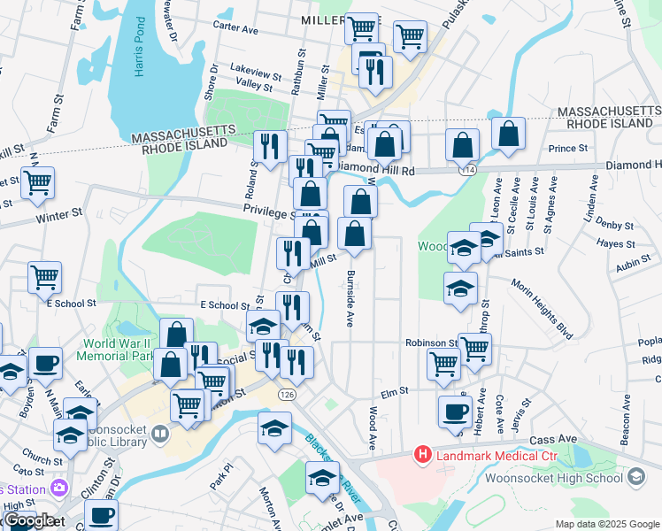 map of restaurants, bars, coffee shops, grocery stores, and more near 49 Mill Street in Woonsocket