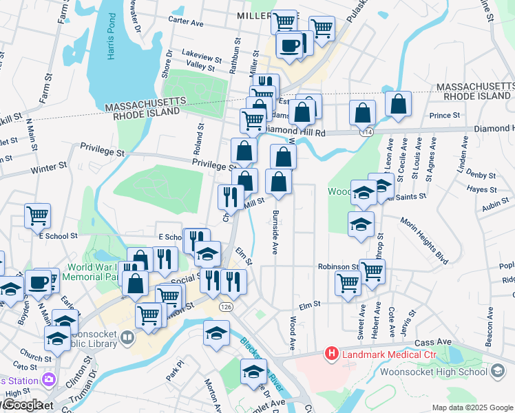 map of restaurants, bars, coffee shops, grocery stores, and more near 49 Mill Street in Woonsocket