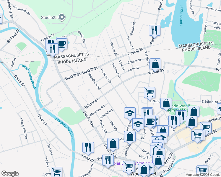 map of restaurants, bars, coffee shops, grocery stores, and more near 249 Winter Street in Woonsocket