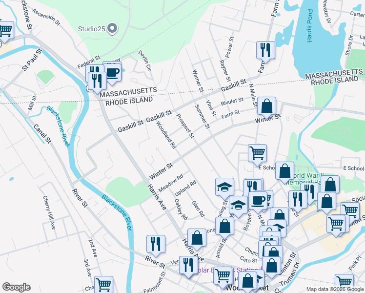 map of restaurants, bars, coffee shops, grocery stores, and more near 249 Winter Street in Woonsocket
