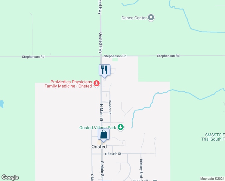 map of restaurants, bars, coffee shops, grocery stores, and more near 405 Connor Street in Onsted