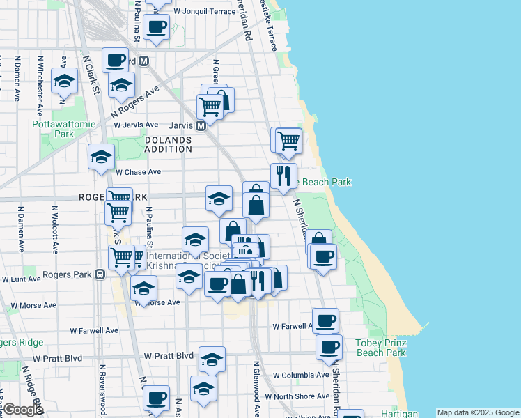 map of restaurants, bars, coffee shops, grocery stores, and more near 7107 North Glenwood Avenue in Chicago