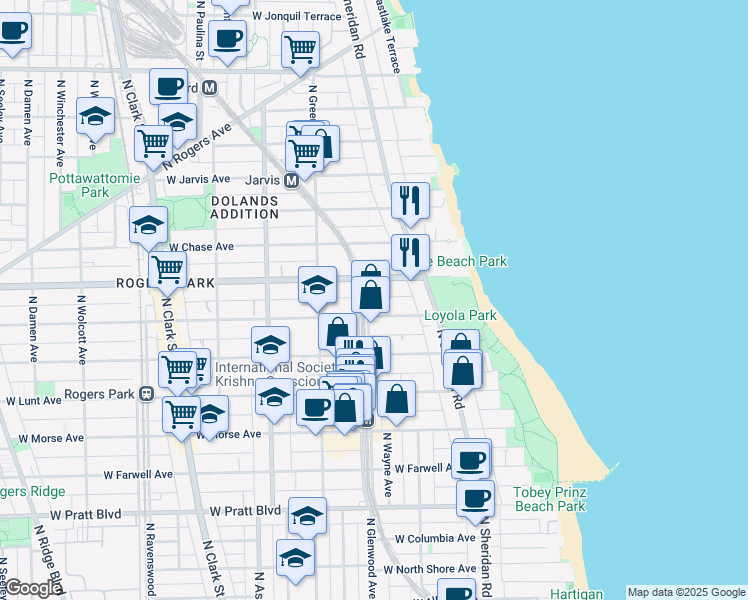 map of restaurants, bars, coffee shops, grocery stores, and more near 7107 North Glenwood Avenue in Chicago