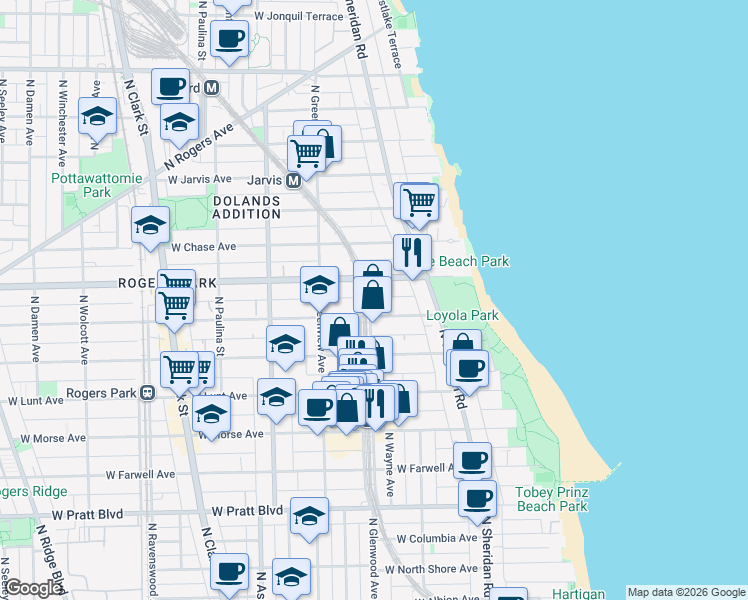 map of restaurants, bars, coffee shops, grocery stores, and more near 7107 North Glenwood Avenue in Chicago