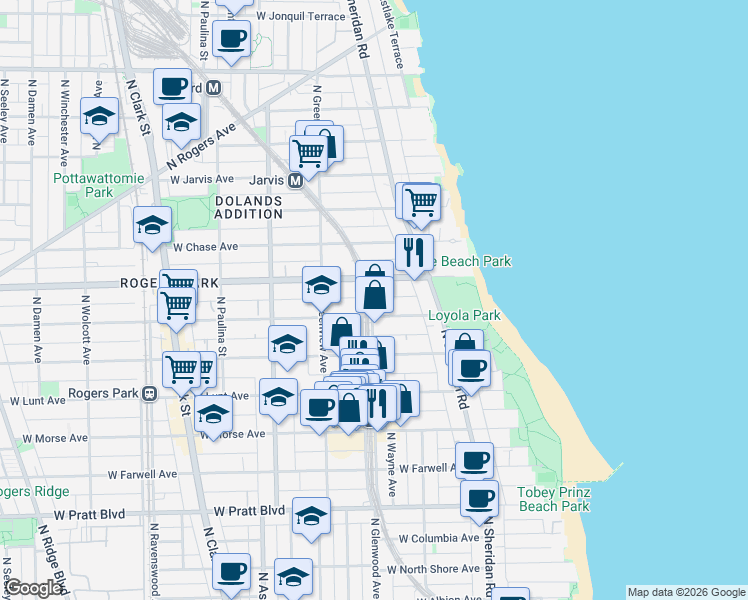 map of restaurants, bars, coffee shops, grocery stores, and more near 7107 North Glenwood Avenue in Chicago