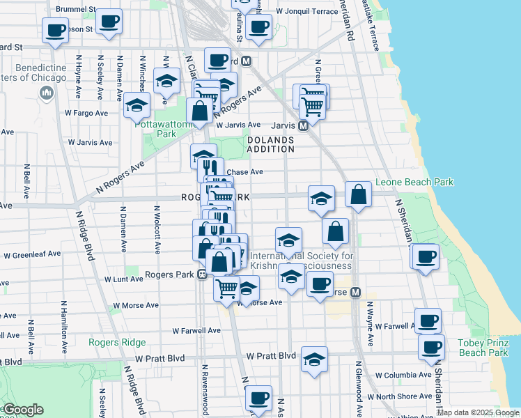 map of restaurants, bars, coffee shops, grocery stores, and more near 7115 North Paulina Street in Chicago